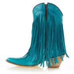 Bota Texana Feminina Couro Dallas Azul Turquesa Com Franjas – Tatu Virado 