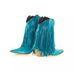 Bota Texana Feminina Couro Dallas Azul Turquesa Com Franjas – Tatu Virado 