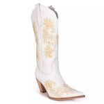 Bota Texana Feminina Couro Floater Branco Bordados Dourado - Tatu Virado 