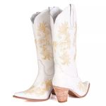 Bota Texana Feminina Couro Floater Branco Bordados Dourado - Tatu Virado 