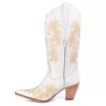 Bota Texana Feminina Couro Floater Branco Bordados Dourado - Tatu Virado 