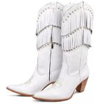 Bota Texana Feminina Couro Floater Branco com Franjas e Strass – Tatu Virado 