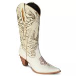 Bota Texana Feminina Couro Floater Branco e Floater Marfim Com Detalhe Laser - Tatu Virado 