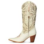 Bota Texana Feminina Couro Floater Branco e Floater Marfim Com Detalhe Laser - Tatu Virado 