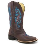 Bota Texana Feminina Couro Fóssil Café Bico Quadrado Florão Cruz – Tatu Virado