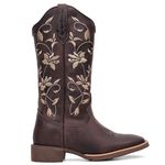 Bota Texana Feminina Couro Fóssil Café Bordado Flores Bico Quadrado – Tatu Virado