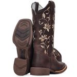 Bota Texana Feminina Couro Fóssil Café Bordado Flores Bico Quadrado – Tatu Virado