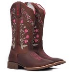 Bota Texana Feminina Couro Fóssil Café Bordado Flores e Florão Rosa Bico Quadrado – Tatu Virado