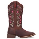 Bota Texana Feminina Couro Fóssil Café Bordado Flores e Florão Rosa Bico Quadrado – Tatu Virado