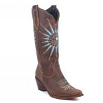 Bota Texana Feminina Couro Fossil Tabaco Bordado e Pedra Azul – Tatu Virado 