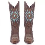 Bota Texana Feminina Couro Fossil Tabaco Bordado e Pedra Azul – Tatu Virado 