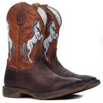 Bota Texana Masculina Couro Fóssil Café e Caramelo Bordado Cavalo Sola Jump – Tatu Virado