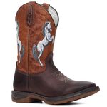 Bota Texana Masculina Couro Fóssil Café e Caramelo Bordado Cavalo Sola Jump – Tatu Virado