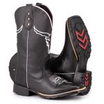 Bota Texana Masculina Preta Bordado Boi Tatu Virado Bico Quadrado 