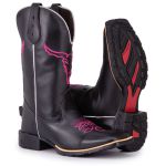 Kit - Bota Texana Feminina Preta Bordado Boi Rosa Bico Quadrado + Boné tatu Virado 