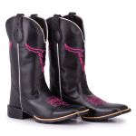 Kit - Bota Texana Feminina Preta Bordado Boi Rosa Bico Quadrado + Boné tatu Virado 