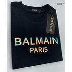 Camiseta Balmain Malha Soft Pima Preta Detalhes Holografico