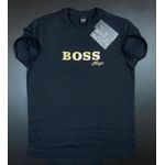 Camiseta Hugo Boss Malha Sofit Pima Preta Aplicação Dourada