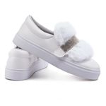 Tênis Slip On Branco 3 em 1 Pelúcia e Strass