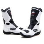 420AT-Bota motociclista couro legítimo semi-impermeável com ajuste em velcro na panturrilha nas cores branco e preto