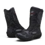 420AT-Bota motociclista couro legítimo semi-impermeável com ajuste em velcro na panturrilha nas cores cinza camuflado