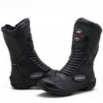420AT-Bota motociclista couro legítimo semi-impermeável com ajuste em velcro na panturrilha nas cores Preto