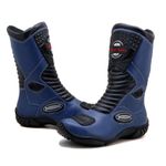420AT-Bota motociclista couro legítimo semi-impermeável com ajuste em velcro na panturrilha nas cores azul preto 