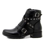 7505-Coturno feminino cano curto estilo roqueira para em couro legítimo na cor preta fivelas 