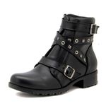 7505-Coturno feminino cano curto estilo roqueira para em couro legítimo na cor preta fivelas 