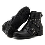7505-Coturno feminino cano curto estilo roqueira para em couro legítimo na cor preta fivelas 