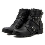 7505-Coturno feminino cano curto estilo roqueira para em couro legítimo na cor preta fivelas 