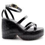 194002NFP-Sandália Feminina Anabela Com Tiras Croco Preta e OffWhite