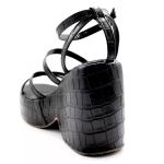 194002NFP-Sandália Feminina Anabela Com Tiras Croco Preta e OffWhite