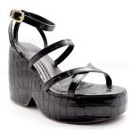 194002NFP-Sandália Feminina Anabela Com Tiras Croco Preta e OffWhite