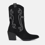 Bota Feminina Texana Western Salto Médio Couro Forrada 17000 preto camurça