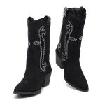 Bota Feminina Texana Western Salto Médio Couro Forrada 17000 preto camurça