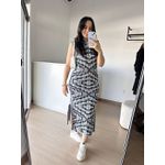 Vestido Bia – Longo em Tricô com Fenda Lateral e Manga Cavada -Cinza