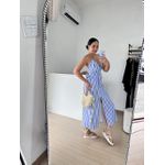 Vestido Linho Mídi Listrado -Azul