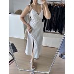 Vestido Linho Mídi Listrado -Nude