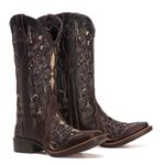 Bota Feminina Texana Tucson - Couro Euro Texas Café Com Glitter Preto - Solado Flor