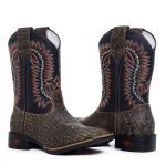 Bota Texana Country Masculina Rodeio Montaria em Bovino Nobre Bico Quandrado Cano Bordado Croco/Preto