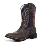 Bota Texana Country Masculina Rodeio Montaria em Bovino Nobre Bico Quandrado Cano Bordado Croco/Preto