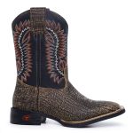 Bota Texana Country Masculina Rodeio Montaria em Bovino Nobre Bico Quandrado Cano Bordado Croco/Preto