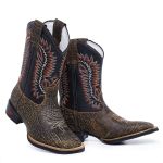Bota Texana Country Masculina Rodeio Montaria em Bovino Nobre Bico Quandrado Cano Bordado Croco/Preto