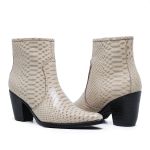 Bota Country Feminina Bico Fino Textura Fácil de Calçar Em Couro Verniz Auto Brilho Exotico Anaconda Osso