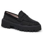 Mocassim Feminino em Couro Preto com Strass