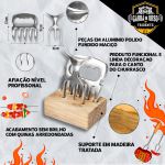 Kit Garra De Urso Garfo Tridente Churrasco Suporte Madeira