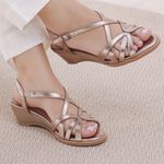 Sandália Anabela Couro Legítimo Champagne - CRISTAL