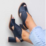 Sandália Salto Grosso Médio Peep Toe Azul Marinho - VENEZA - 177.20