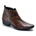 Bota Texana Masculino Couro Café Com Fivela Cano Baixo Bico Fino 